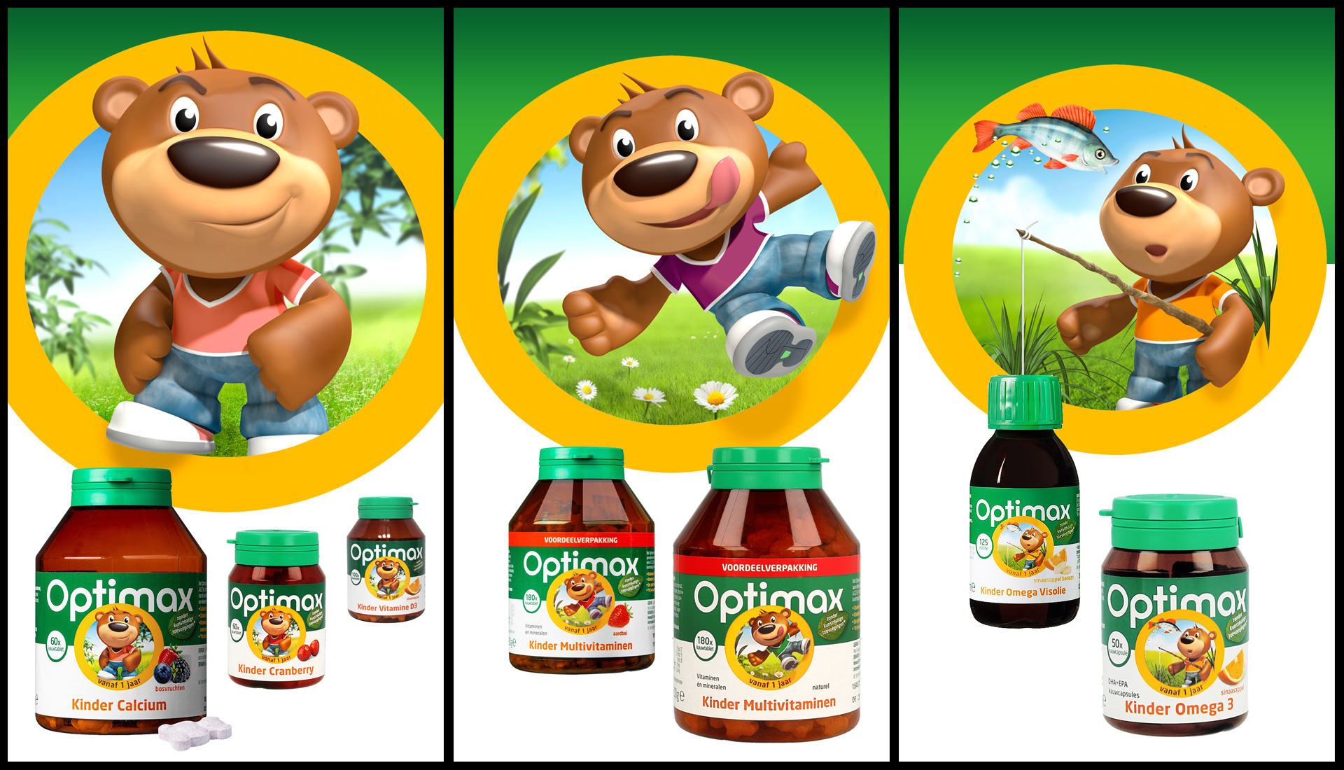 Optimax Vitamins for children Illustrations. 3D Character design and Illustrations Cartoon bear Willem Brader