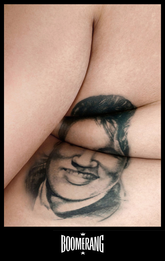 Boomerang-Health campaign free postcard illustration. Tattoo of Elvis still smiling cartoon