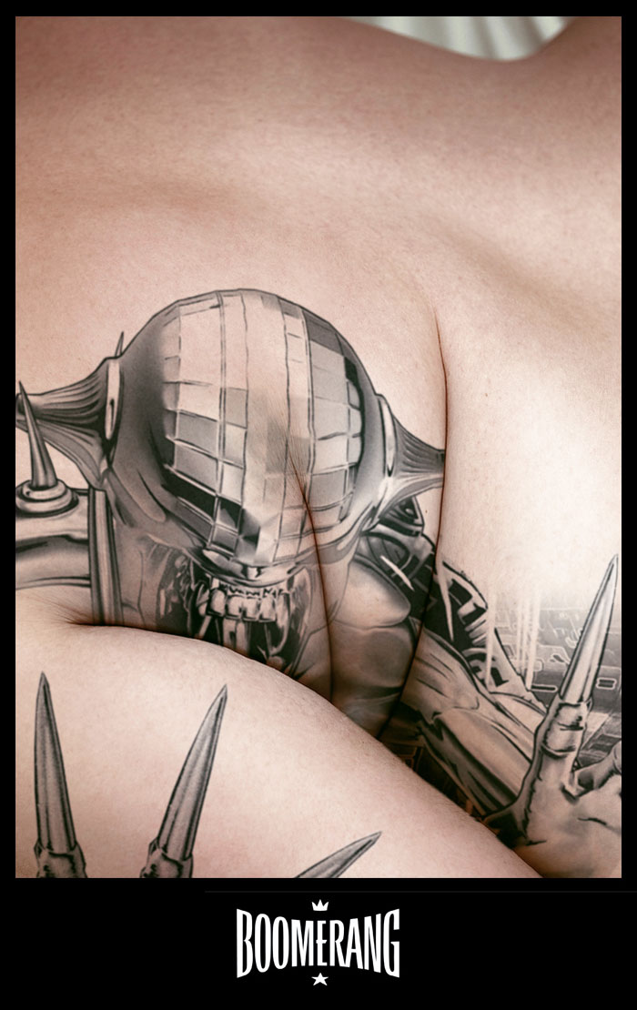 Boomerang-Health campaign free postcard illustration. Tattoo alien taking a bite.