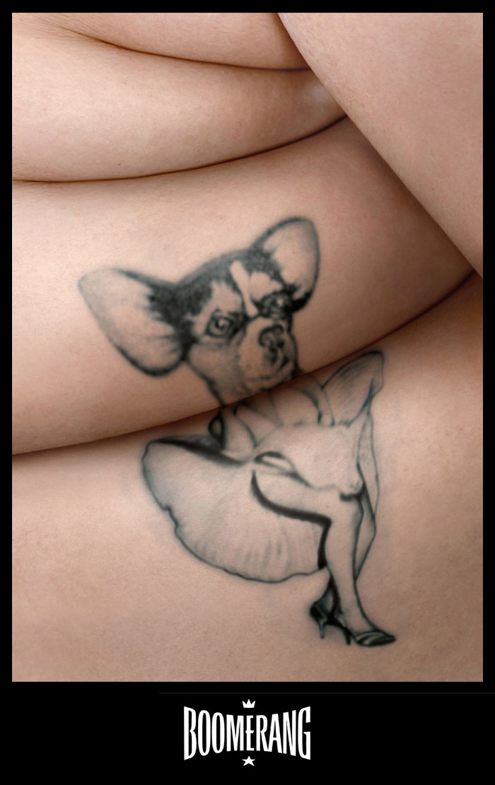 Boomerang-Health campaign free postcard illustration. Tattoo dog and tattoo Marilyn Monroe joined as one cartoon.