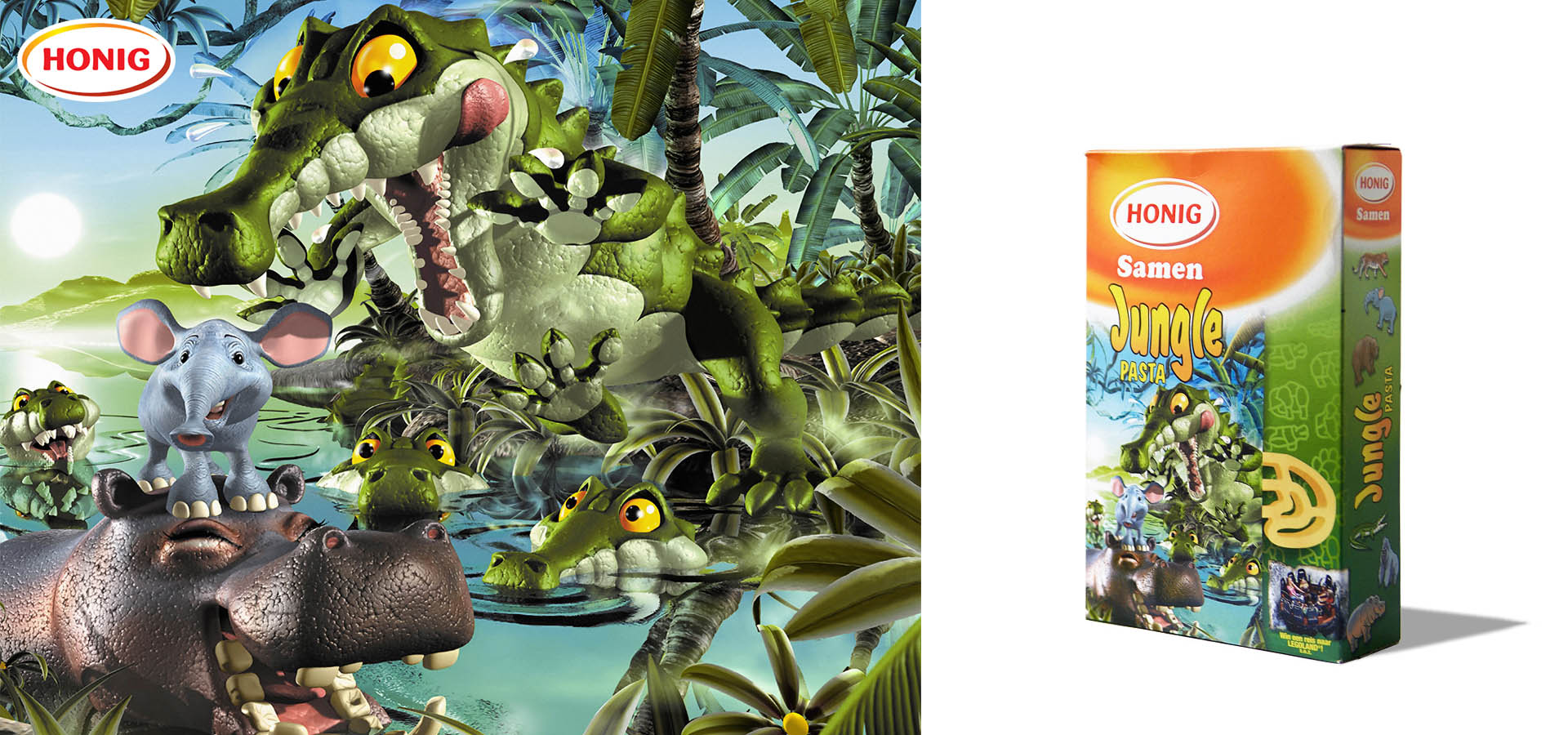 Honig Fun pasta Illustration. Packaging design. Cartoon Crocodiles Hippo Elephant. Character design.