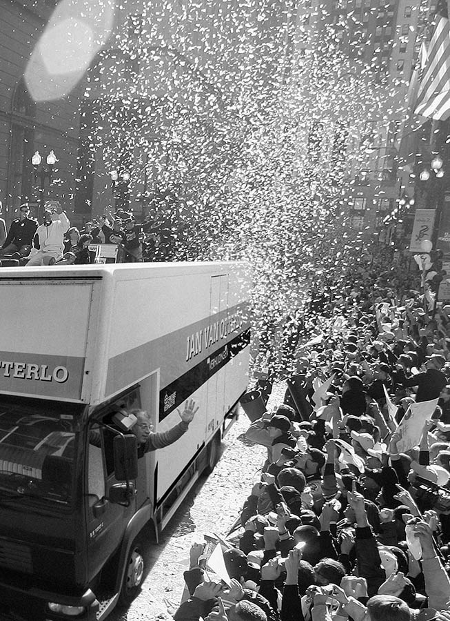 Jan van Otterlo mover comes to town illustration. Truck Crowd Cheering.