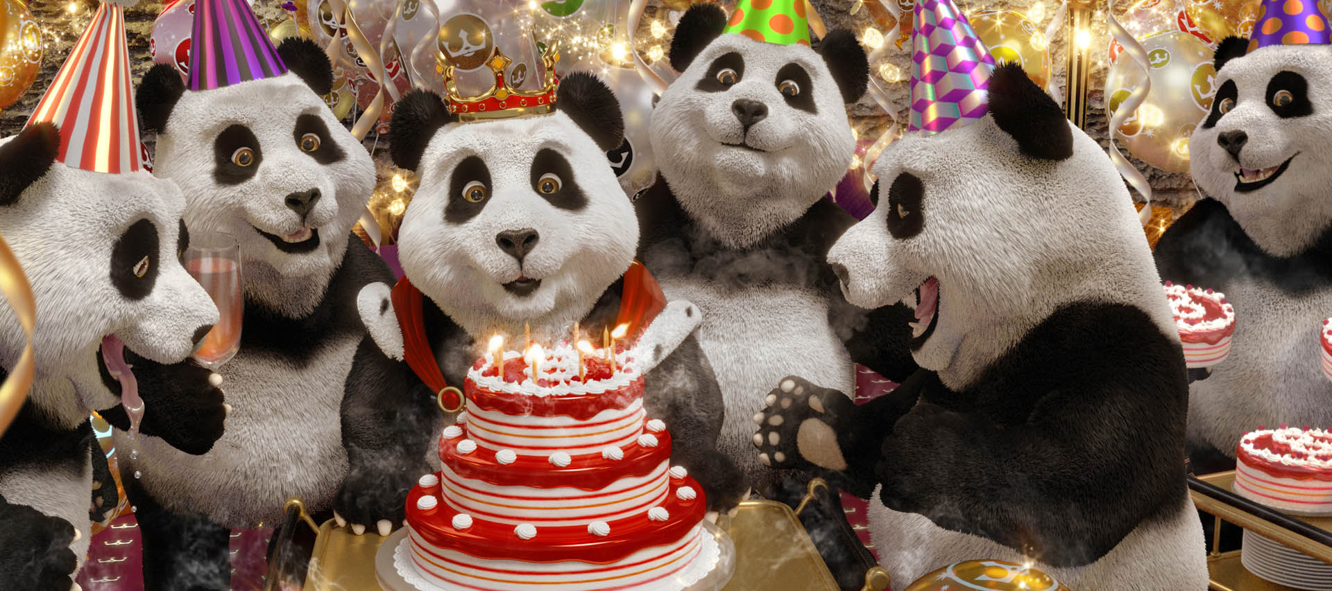 Royal Panda 8th birthday blowing out the candles on cake. Cartoon pandas 3d illustration and Brand character design - Portfolio Willem Brader