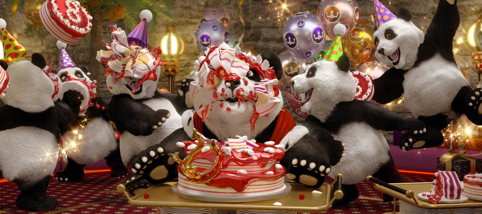 Royal Panda 8th birthday party cake fight illustration. Six Cartoon pandas having lots of fun in friendly cake fight in Royal Castle.
