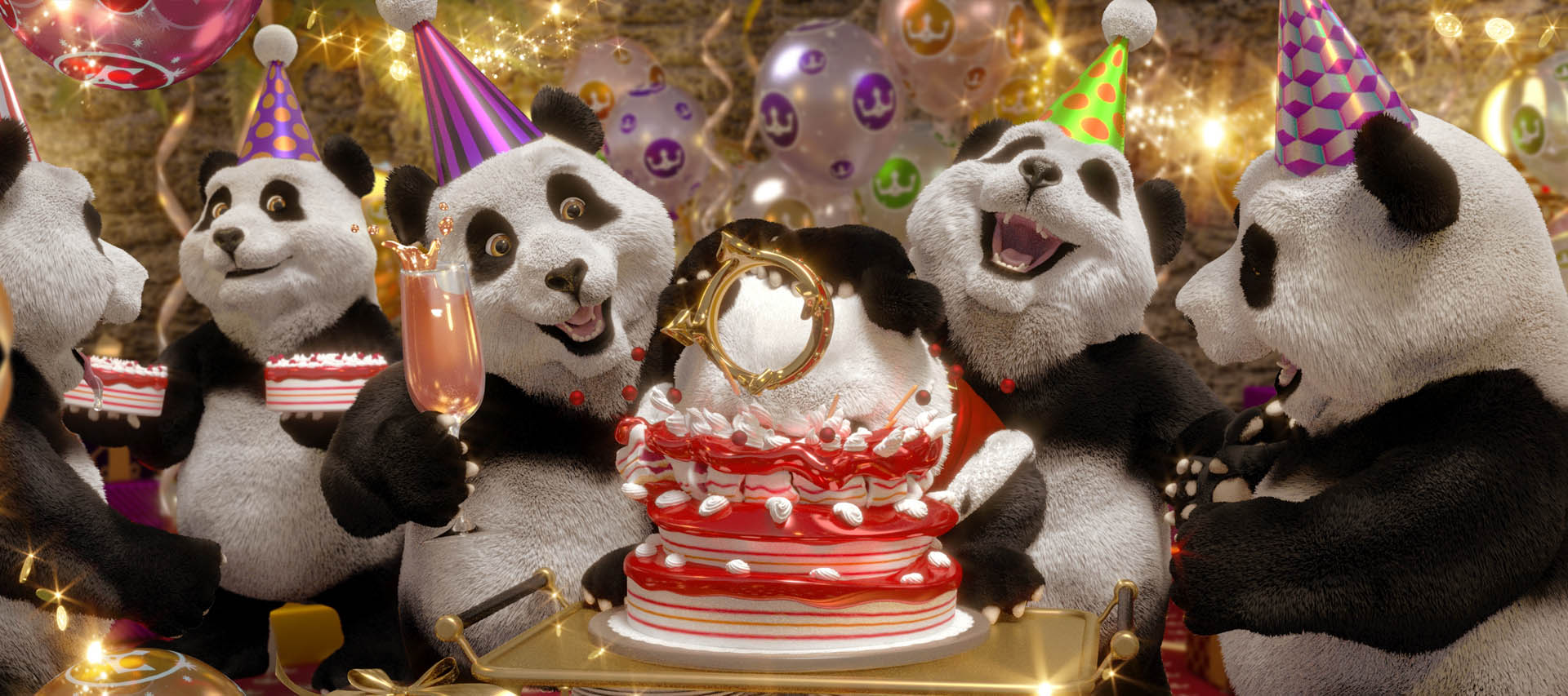 Royal Panda 8th birthday party seconds before cake fight 3D illustration. Happy Cartoon pandas ready to consume cake. Portfolio Willem Brader.