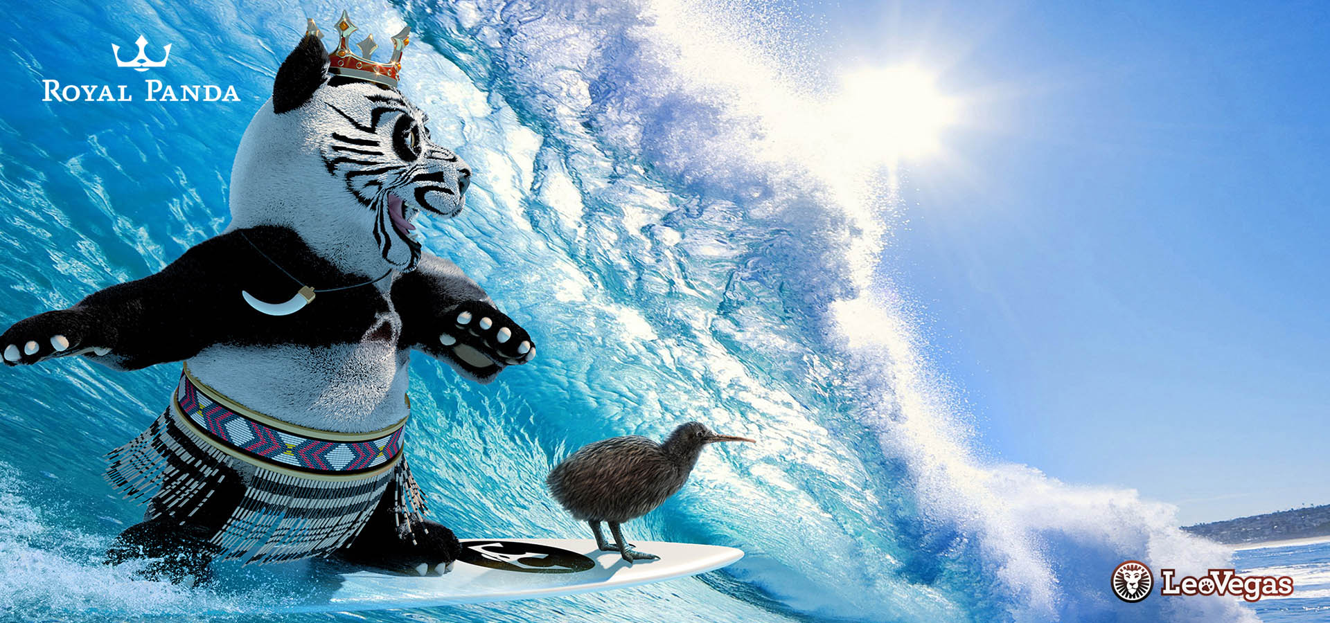 royal panda new zealand maori surfer 3d illustration cartoon king panda and kiwi bird surfing on a big ocean wave.