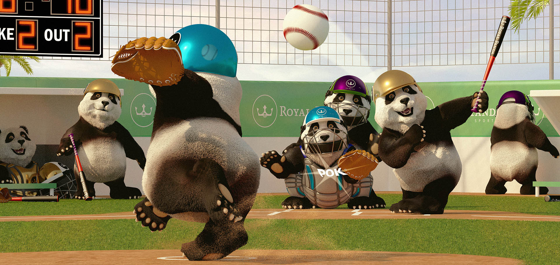 Royal Panda sports 3d illustration Baseball. Panda cartoons in a baseball match. Bat helmet glove ball.