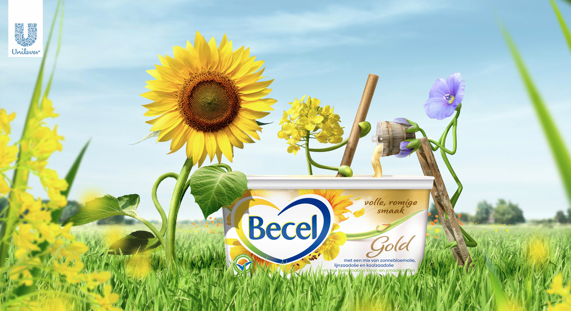 unilever becel gold ad illustration. wild flowers sun flower filling butter tub in sunny field.