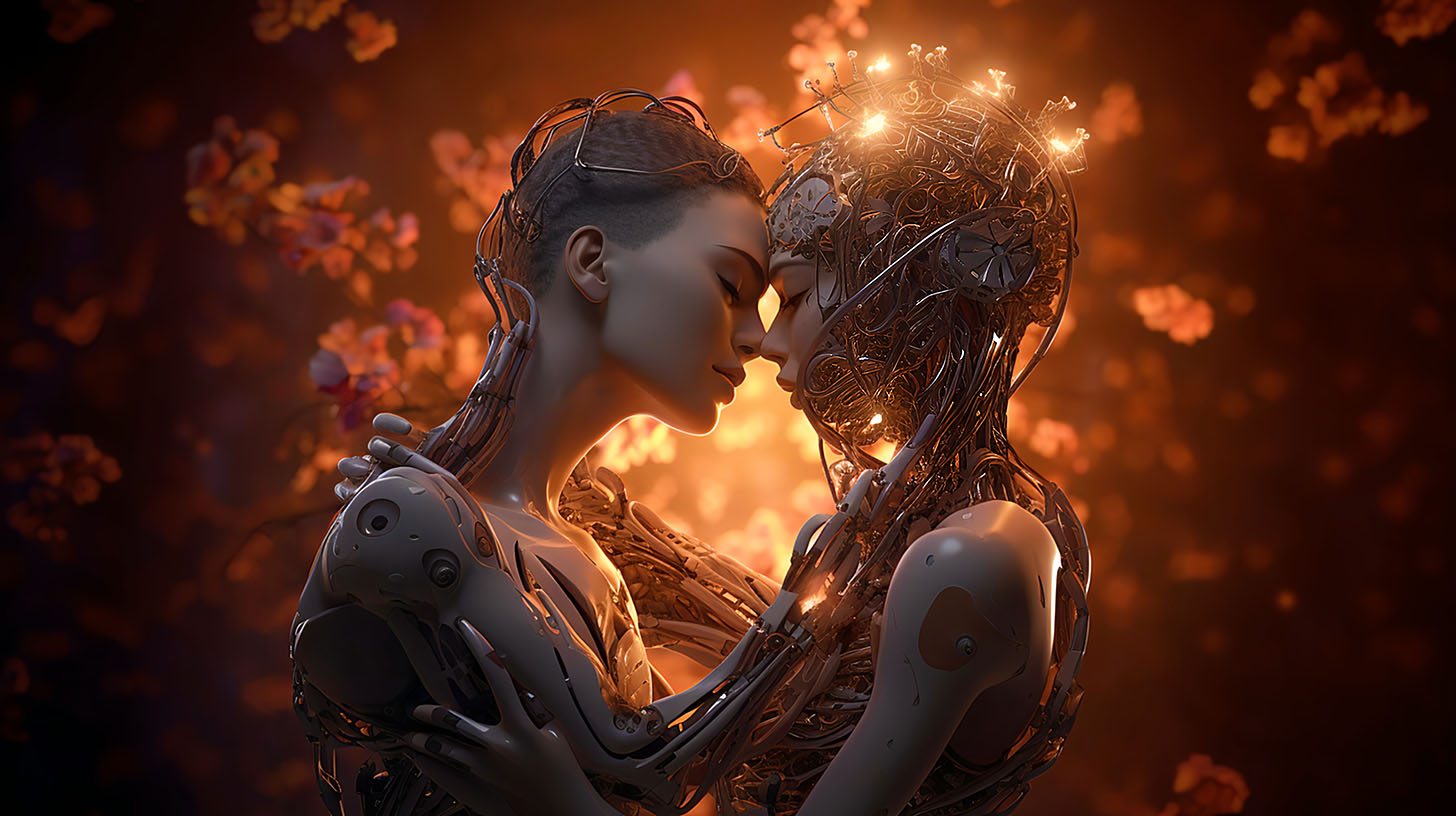 AI generated image Love and affection. Illustration of two androids showing feelings.