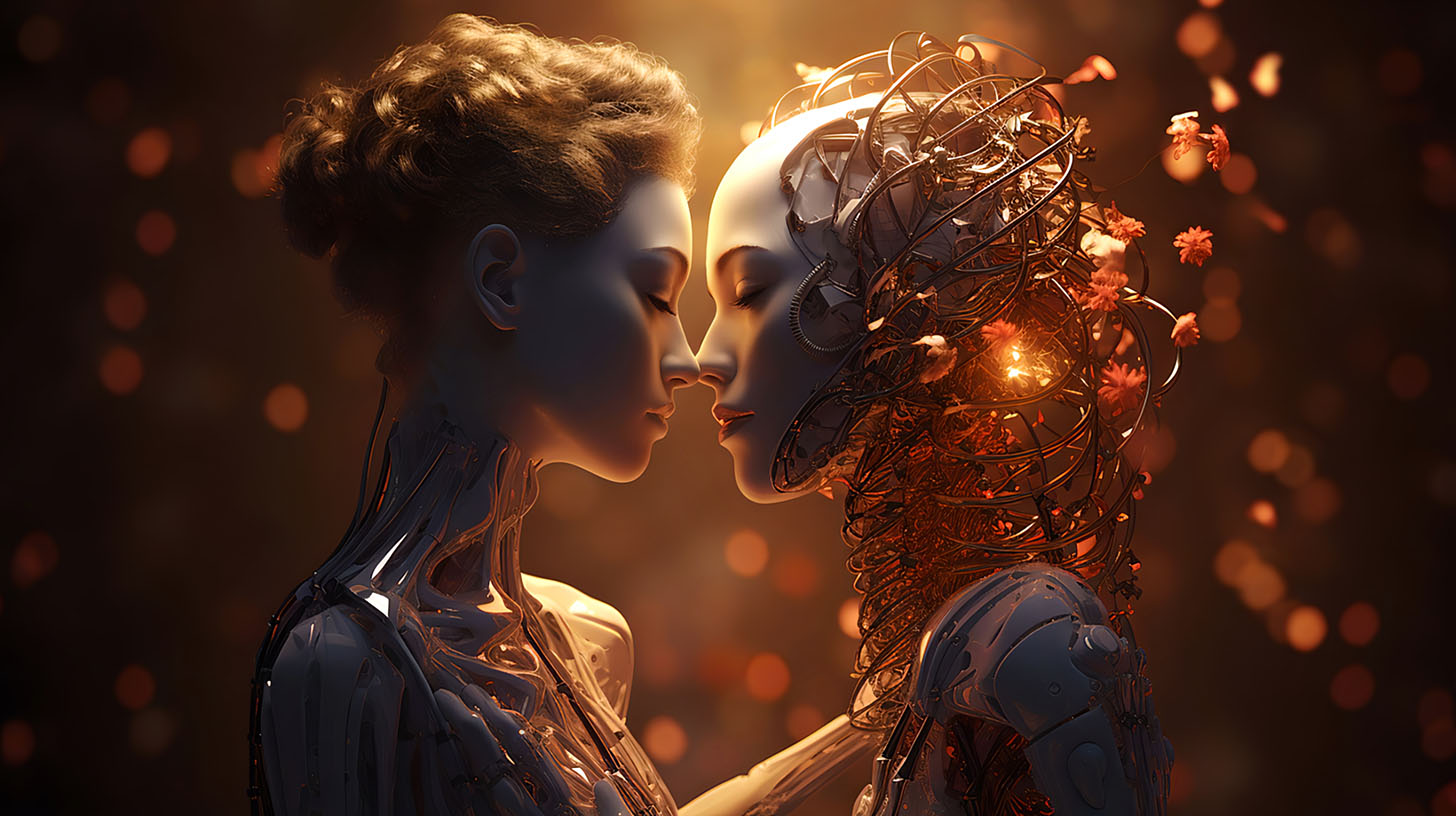 AI generated image Love and affection. Illustration of two androids showing feelings.