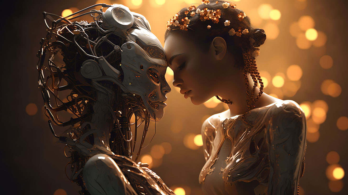 AI generated image Love and affection. Illustration of two androids showing feelings.