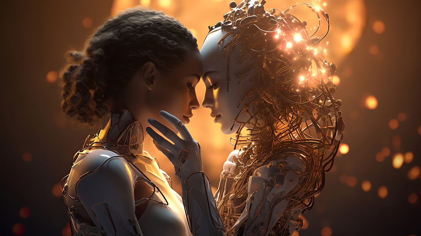 AI generated image Love and affection. Illustration of two androids showing feelings.