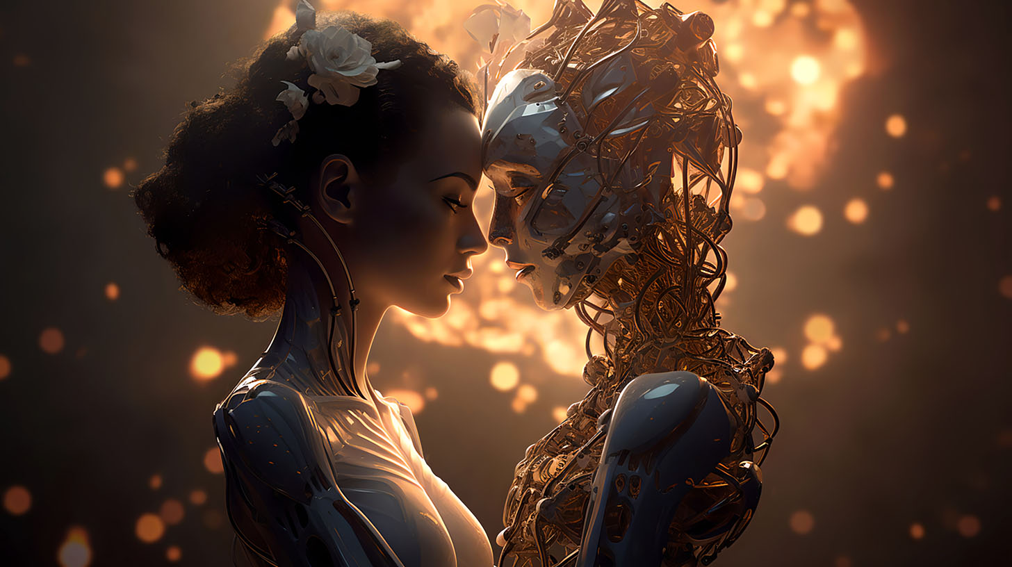 AI generated image Love and affection. Illustration of two androids showing feelings.