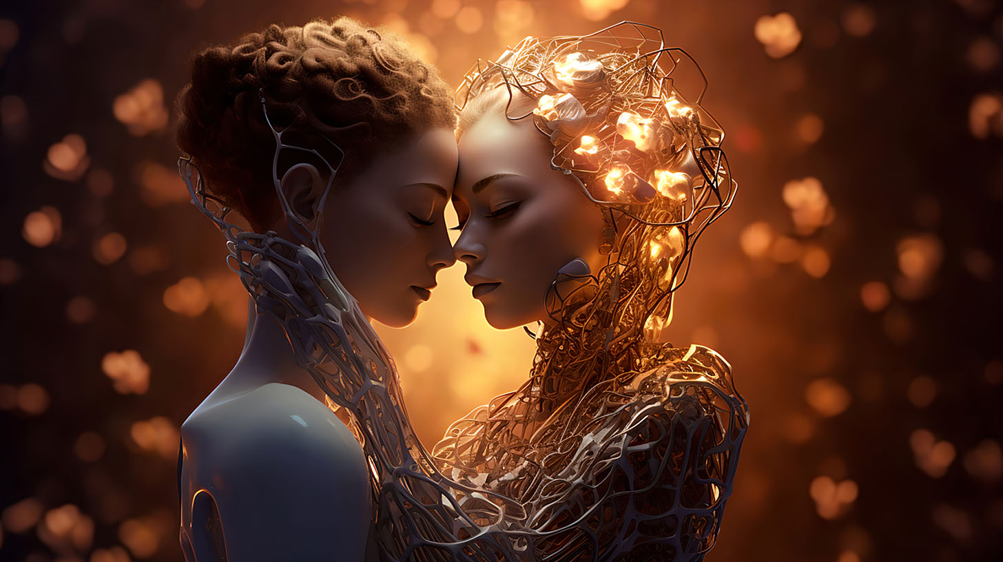 AI generated image Love and affection. Illustration of two androids showing feelings.