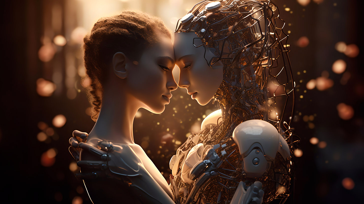AI generated image Love and affection. Illustration of two androids showing feelings.