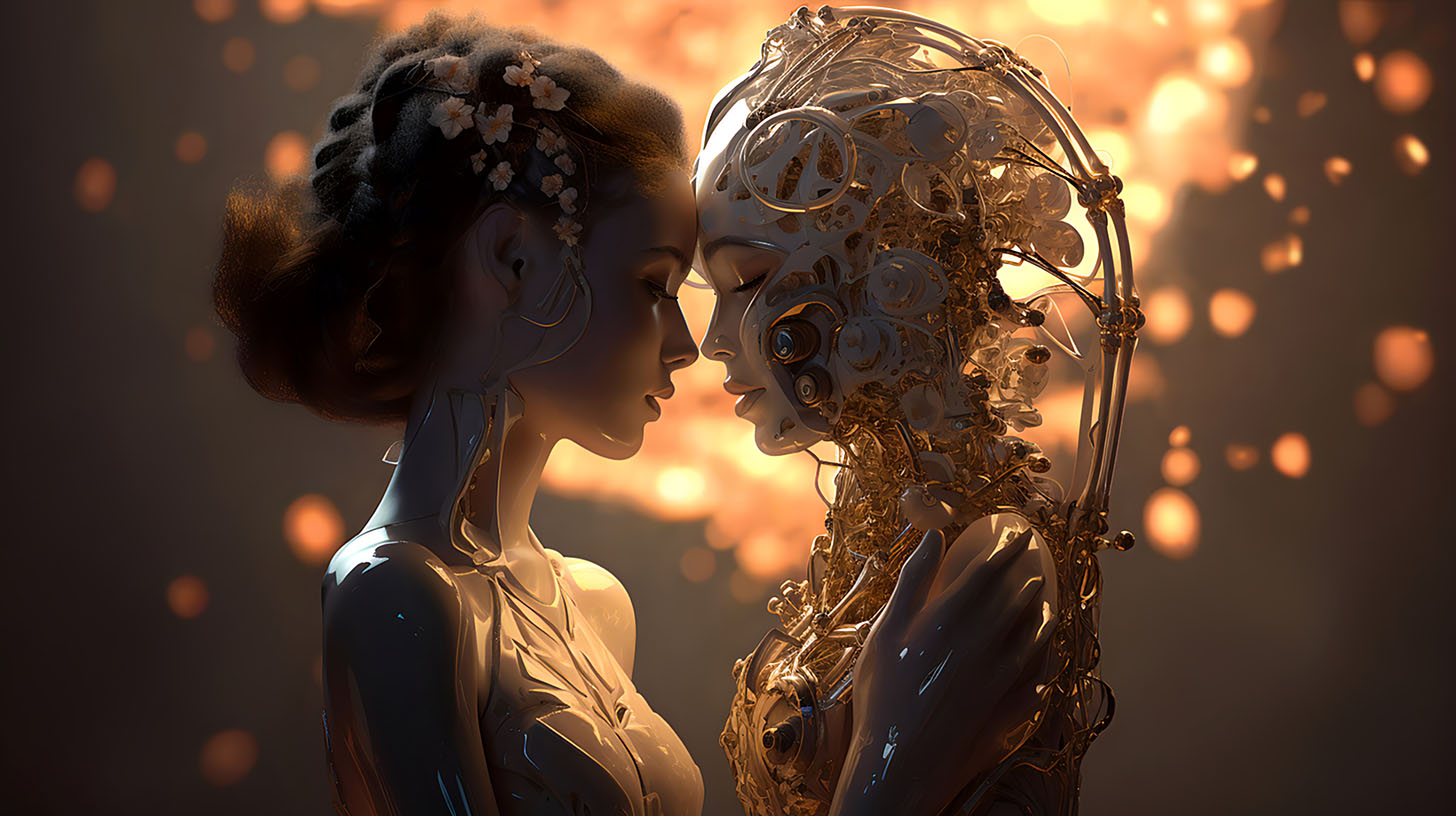 AI generated image Love and affection. Illustration of two androids showing feelings.