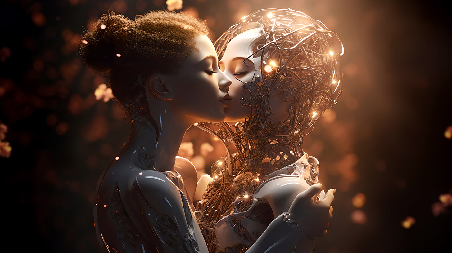 AI generated image Love and affection. Illustration of two androids showing feelings.