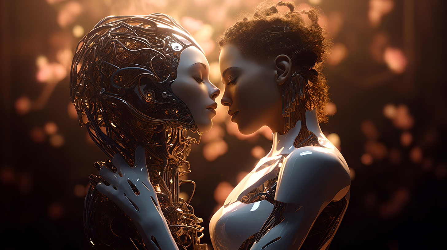 AI generated image Love and affection. Illustration of two androids showing feelings.