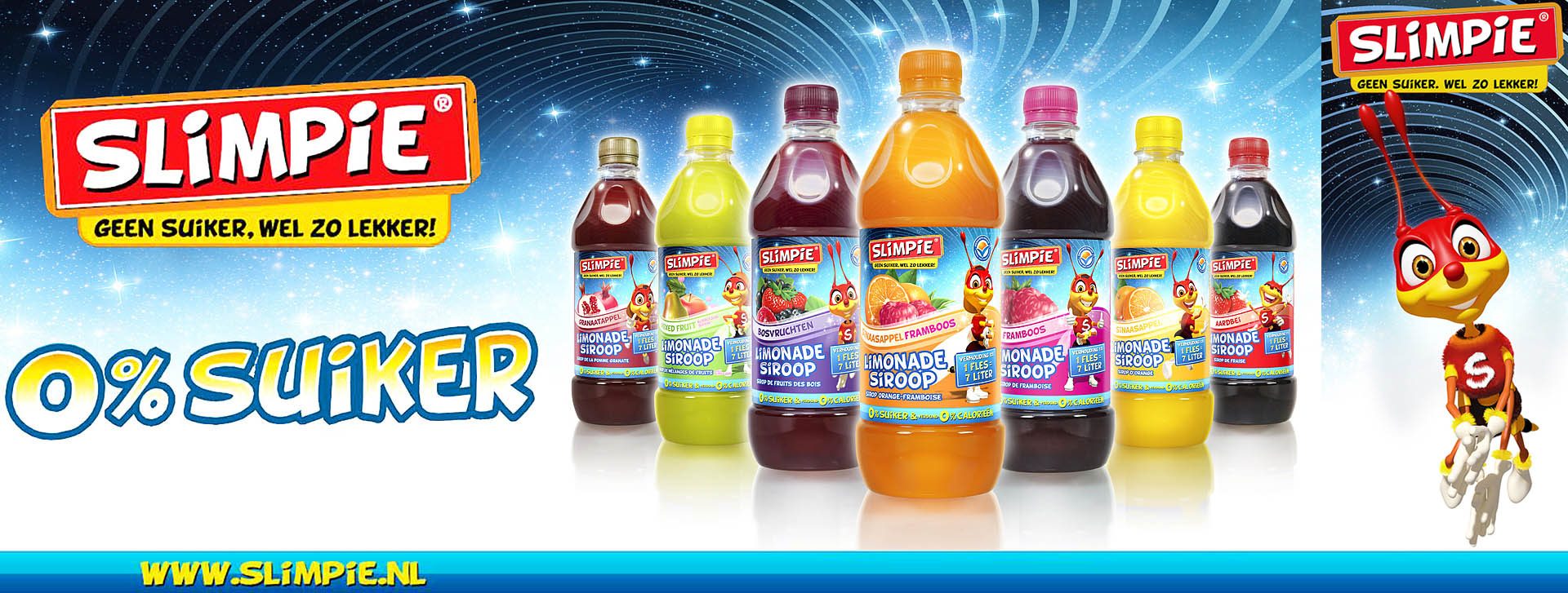 Slimpie ad campaign illustration. Slimpie lemonade syrup range 7 flavours. 3D character design product photography