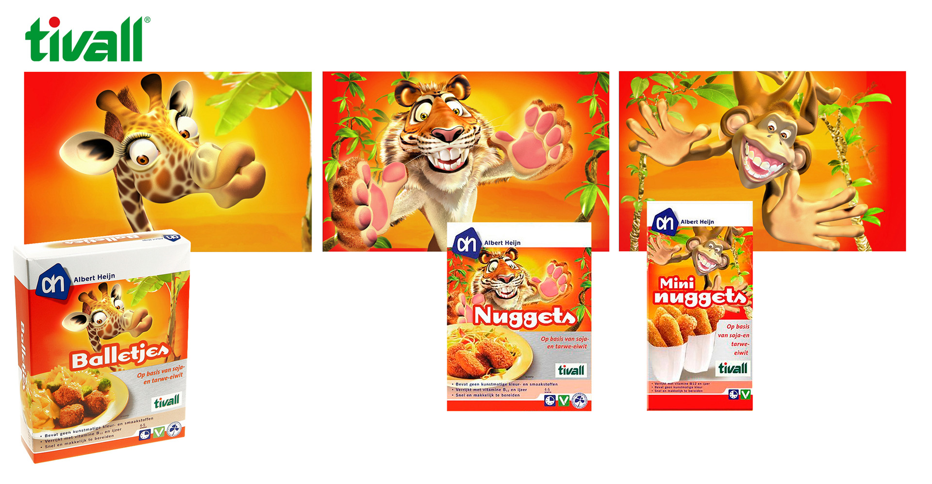 Albert Heijn Tivall packaging design 3D cartoon characters illustrations Giraffe Tiger Ape