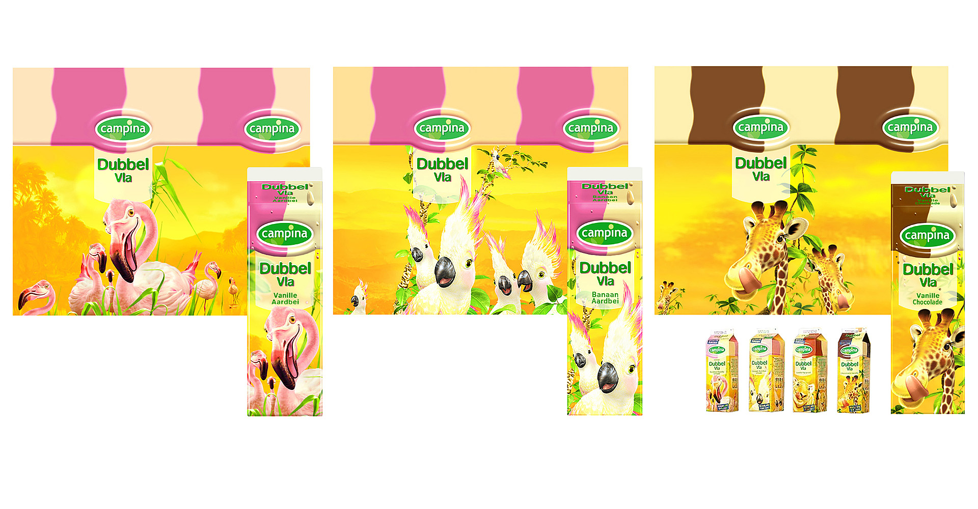 Campina dubbelvla packaging design. 3D characters cartoon flamingo kaketoe giraffe
